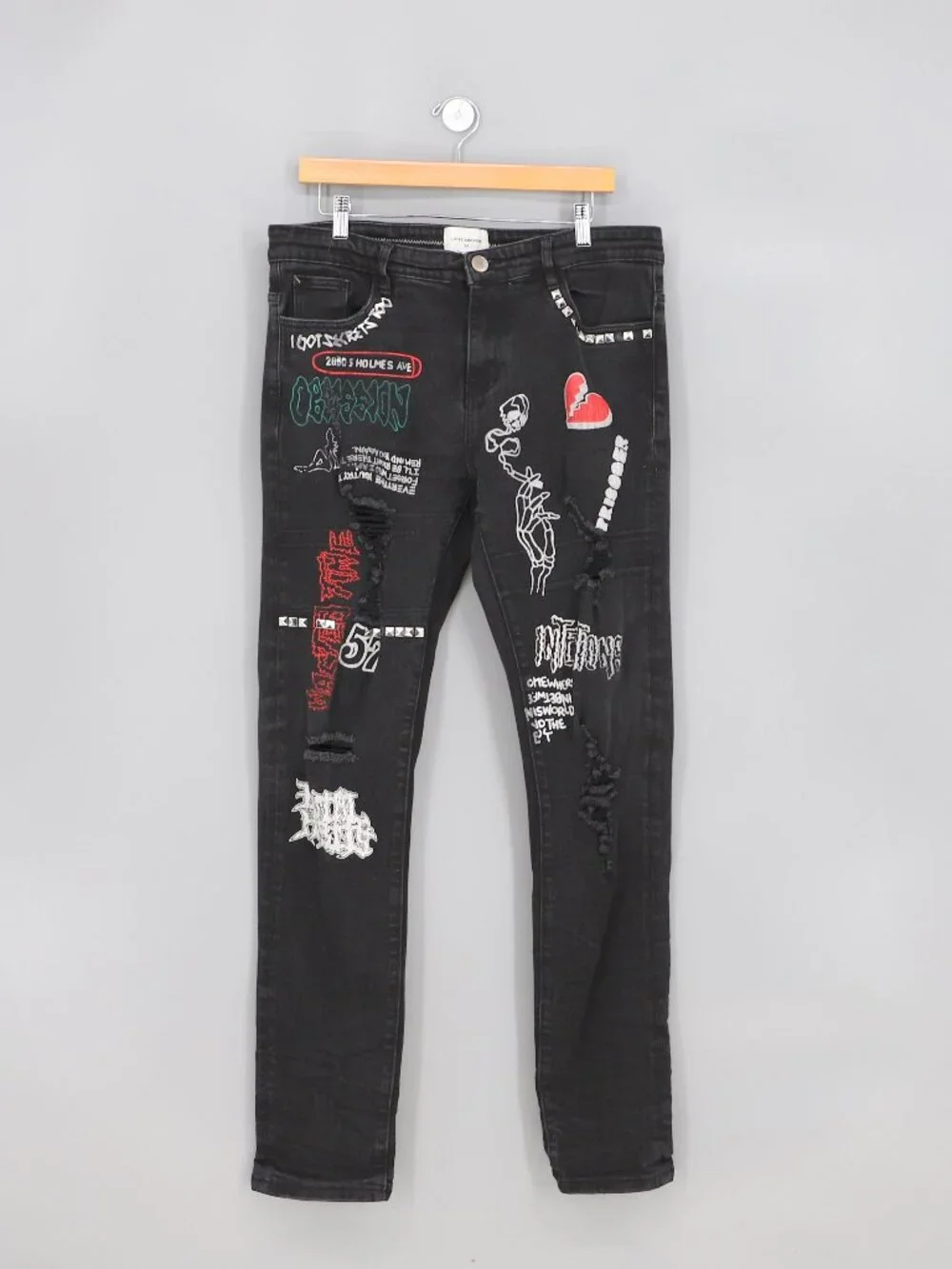 LIFTED ANCHORS Men's Distressed Graphic Black Jeans Size 34